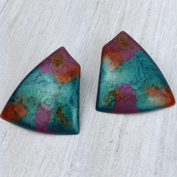 Crackled Turquoise & Metallic Copper Brown Enamel Abstract Brass Earrings - Picture 2 of 7